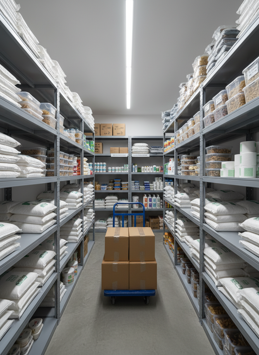 The interior of a small, well-organized storage and logistics room used by a social foundation in Bogotá, portrayed with clean photographic realism. Metal shelving units line both sides of a narrow but tidy aisle, each shelf stacked with clearly sorted food items, hygiene products, and household essentials in plain, label-free packaging. On the floor, a handcart stands ready with a few packed boxes, suggesting ongoing distribution work. Overhead fluorescent lights provide even, neutral illumination, eliminating harsh shadows and emphasizing order and efficiency. The composition uses a centered, slightly receding perspective down the aisle to create a sense of depth, while the mood feels professional, transparent, and reliable, highlighting the behind-the-scenes organization that makes social aid possible.