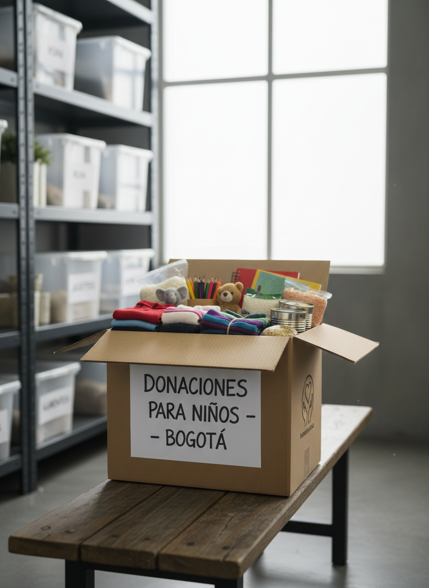 A close-up, photographic image of a solid cardboard donation box placed on a simple wooden bench inside a modest Bogotá community hall. The box is open, revealing carefully folded children’s clothing, small toys, school supplies, and non-perishable food items, all arranged neatly to convey respect and organization. Behind the box, out of focus, are shelves with additional labeled containers and a large window with soft overcast daylight streaming in, creating a gentle, diffused glow. Subtle shadows fall behind the box, adding depth without feeling dramatic. Composed using the rule of thirds, with the box slightly off-center, the scene feels calm, responsible, and trustworthy, reflecting the professional and caring nature of a social aid foundation.