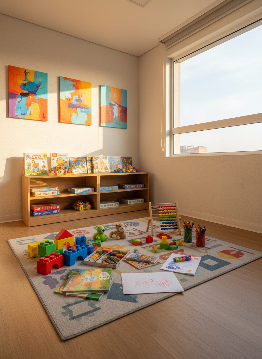 A vibrant recreational corner designed for children inside a safe community space in Bogotá, captured with photographic realism. The main focus is a brightly colored play rug on smooth, clean flooring, with an array of educational toys, storybooks, and art supplies carefully laid out in an inviting yet organized way. In the background, there is a low wooden shelf holding board games and puzzles, and a wide window that allows warm afternoon sunlight to stream in, casting gentle, playful shadows on the wall. The walls display abstract, text-free artwork with uplifting colors. Shot from a slightly elevated angle to show the full area, the mood is joyful, nurturing, and secure, emphasizing recreational activities that foster growth and emotional well-being.