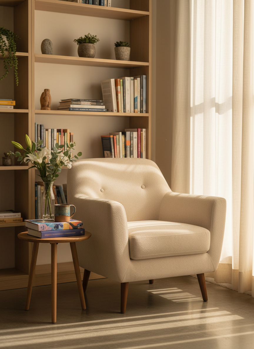 A peaceful indoor scene showing a reading and support corner within a Bogotá community foundation, captured in soft photographic realism. The focal point is a comfortable upholstered armchair beside a small wooden table holding a stack of inspirational, text-free books, a ceramic mug, and a simple vase with fresh flowers. Behind the chair, a tall bookshelf holds more neatly arranged volumes and calming decorative objects. Morning light filters in through a nearby window with sheer curtains, casting delicate, elongated shadows and a warm, gentle glow across the room. Shot from an eye-level angle with a medium depth of field, the image feels safe, welcoming, and dignified, suggesting a space where mothers and families can rest, learn, and find emotional support without any sense of stigma or exploitation.