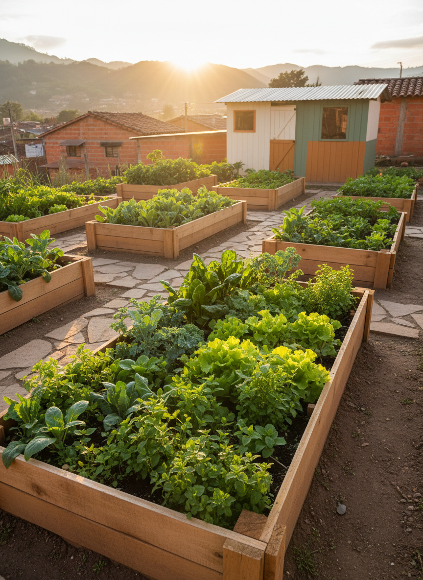 An outdoor urban garden space on the outskirts of Bogotá, photographed at golden hour, where the central subject is a series of raised planting beds made of natural wood, brimming with leafy green vegetables and herbs. Between the beds, well-kept pathways of compacted earth and stone lead towards a small storage shed painted in cheerful neutral tones. In the background, distant Andean hills and simple brick homes are softly blurred. Warm sunlight bathes the plants, creating rich highlights on dew-kissed leaves and long, soft shadows across the ground. Captured at a low angle to emphasize the vitality of the crops, the image conveys sustainability, nourishment, and the transformative power of community agriculture as a form of social support.